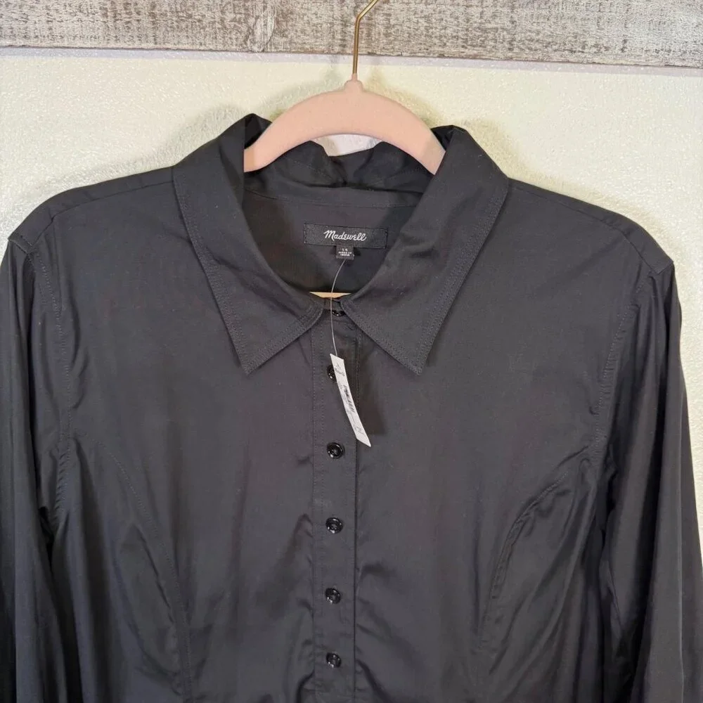 Madewell Dress 14 Black Seamed Long Sleeve Mini Poplin Shirtdress Pockets NV025 - Picture 7 of 13